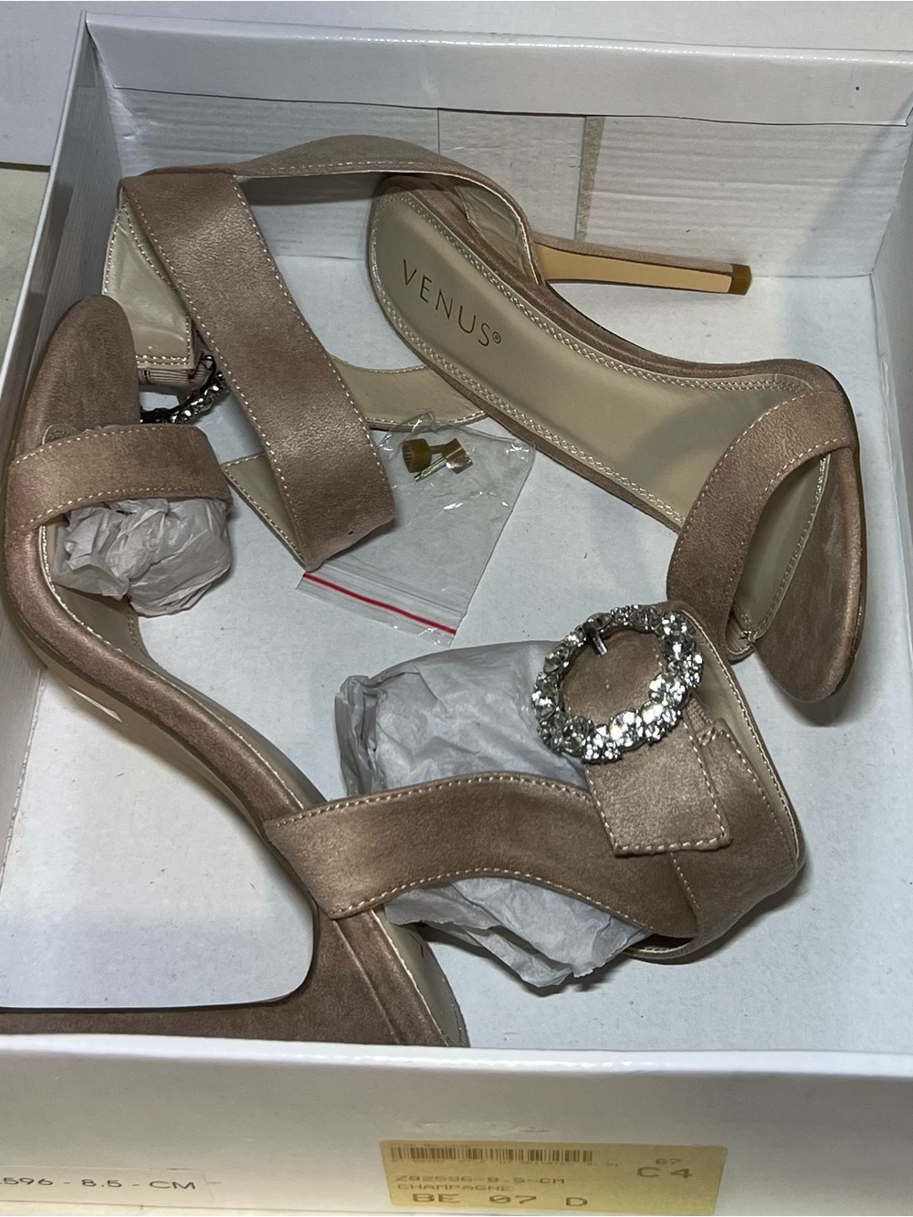 VENUS Taupe Satin Heeled Sandals with Crystal Buckle Accent